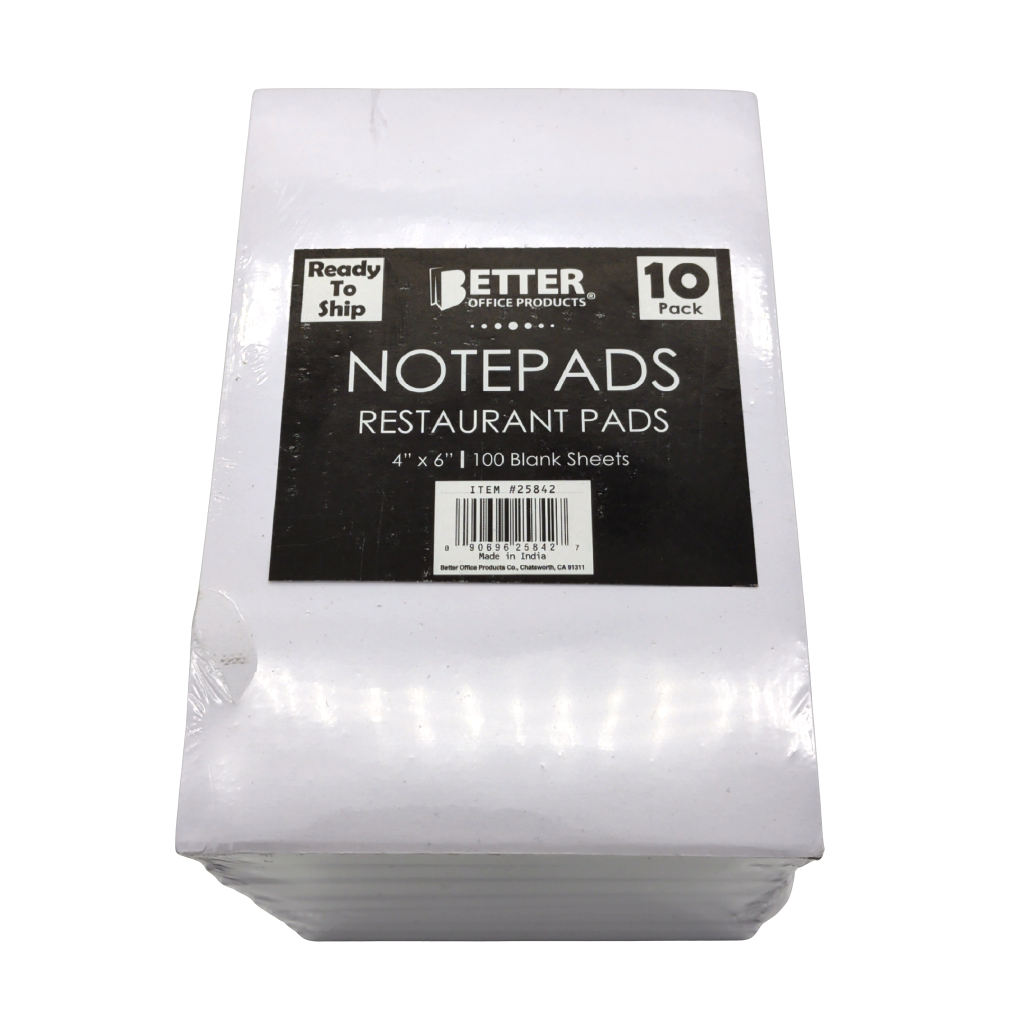 Restaurant Notepads 4" x 6" 100 Sheets 10pk. Better Office Products (Or $0.79ea.)
