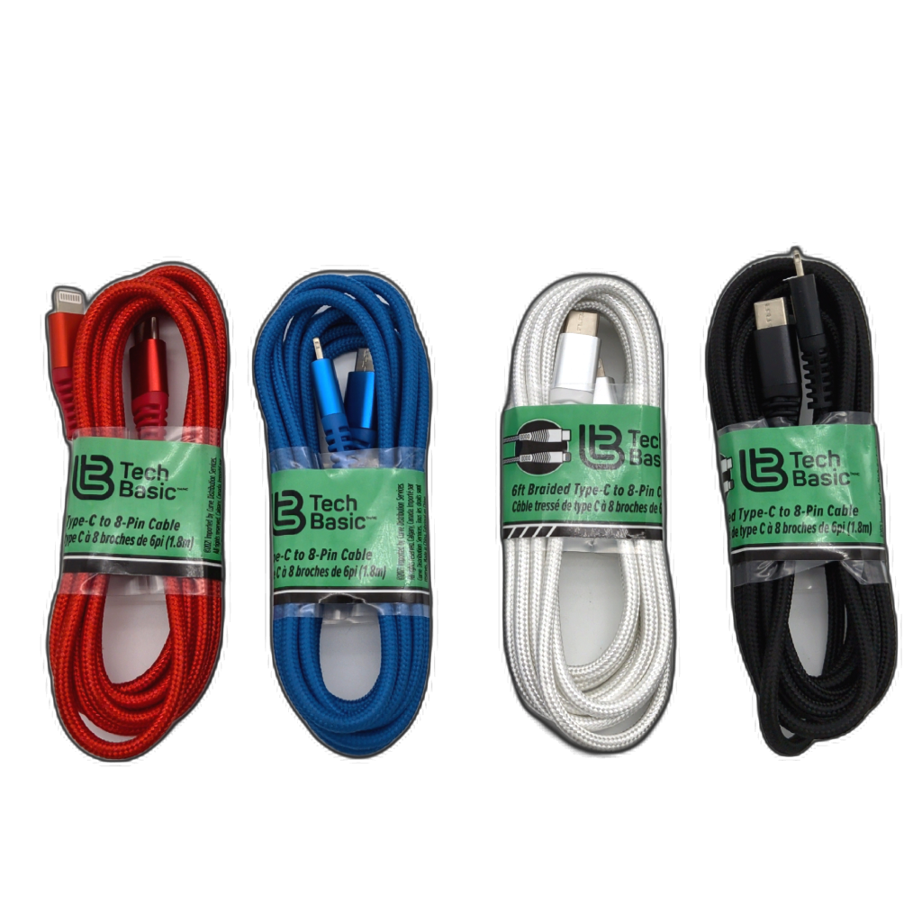 6-foot braided USB-C to Lightning fast charging cable in assorted colours