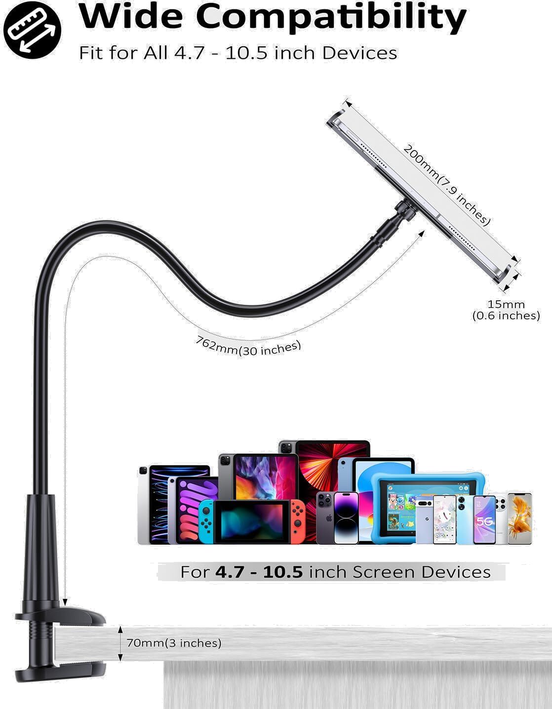 Tryone Gooseneck Tablet Stand - Flexible Black Holder