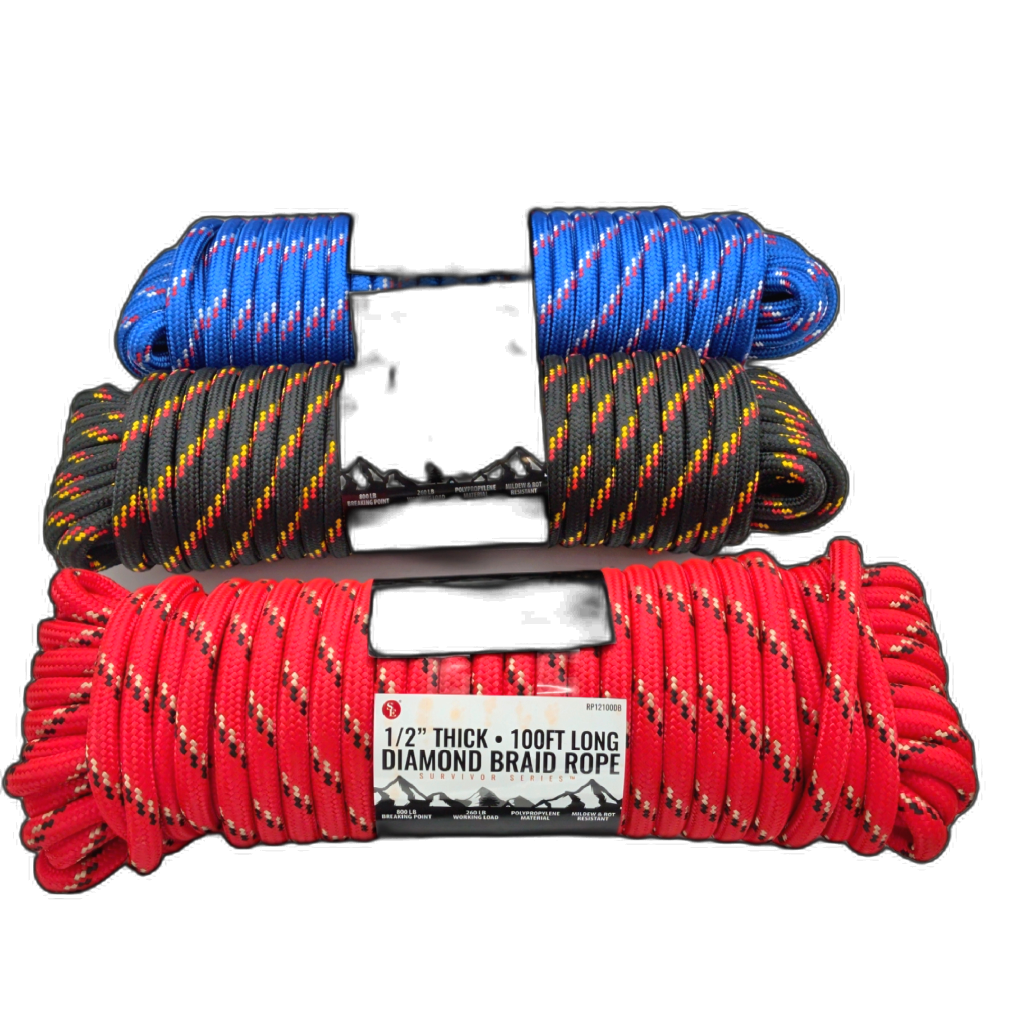 Diamond Braid Rope 1/2" x 100' 800lb Break Strength - assorted colours detail
