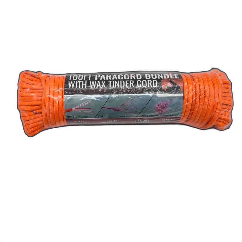 Paracord 100 Foot Orange 550lb With Wax Tinder Core