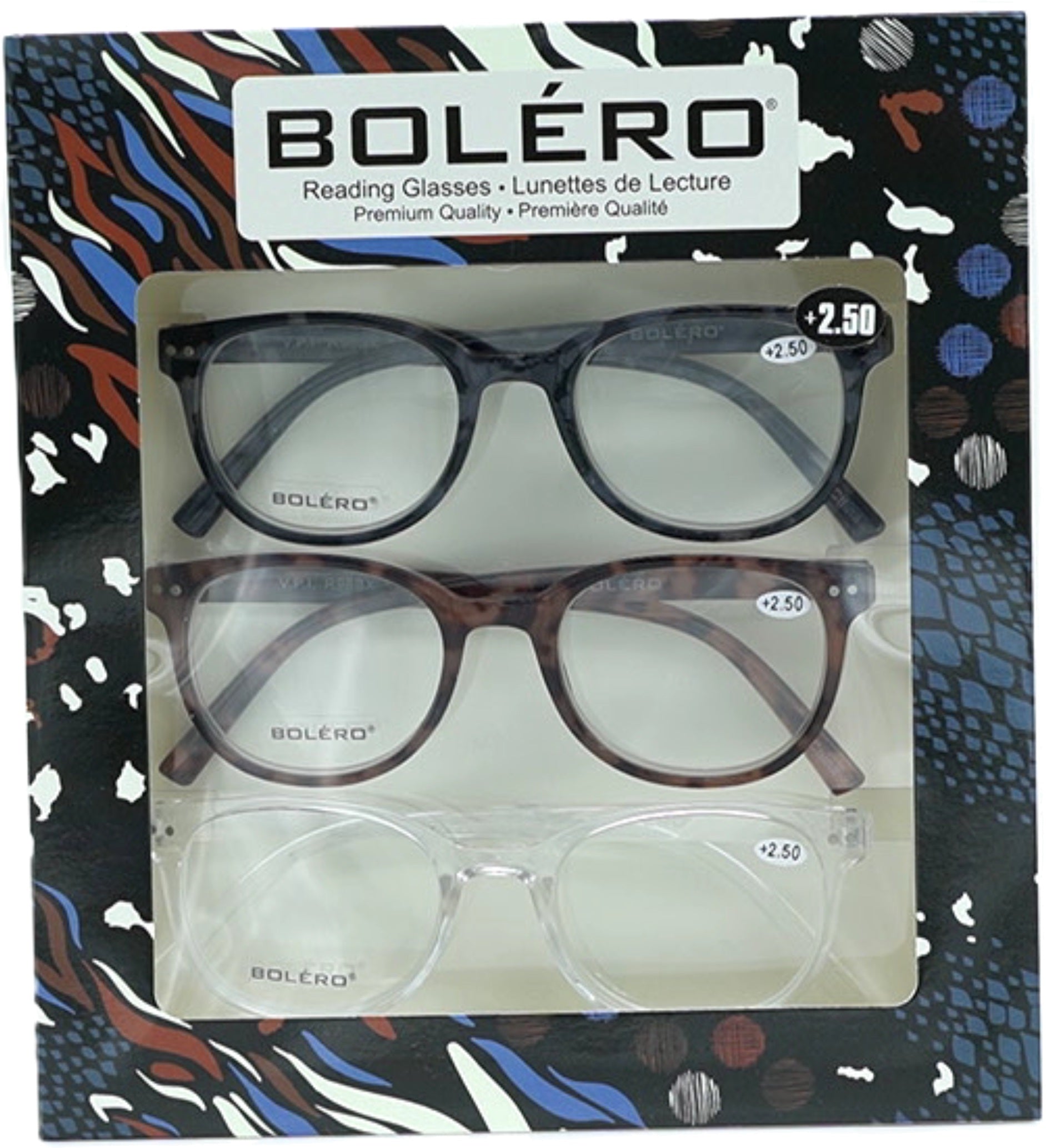 Reading Glasses +2.50 Strength 3-Pack Bolero Style