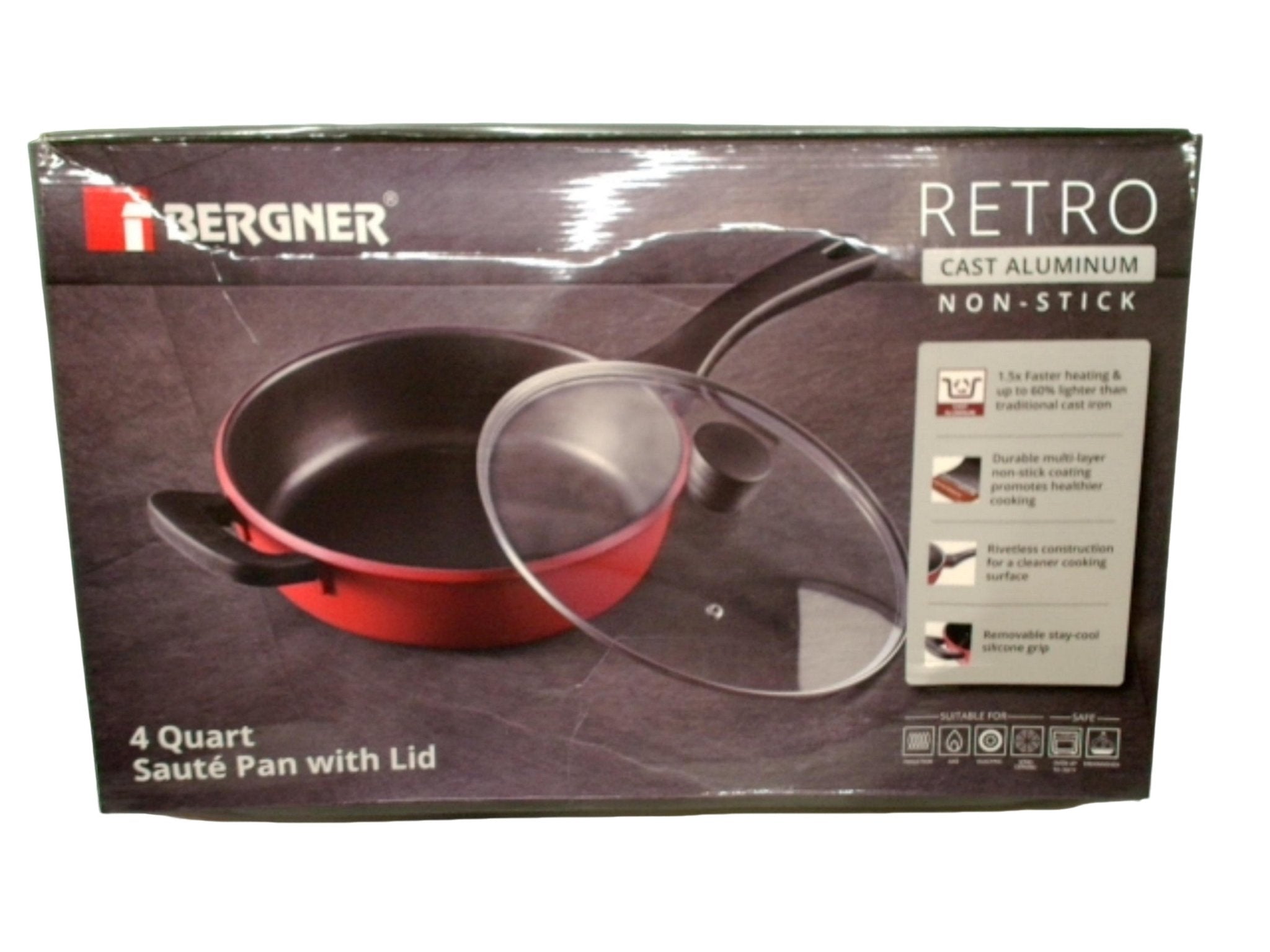 4 Quart Saute Pan w/Lid Red Retro Cast Aluminum Non - Stick Bergner - Brantford Surplus