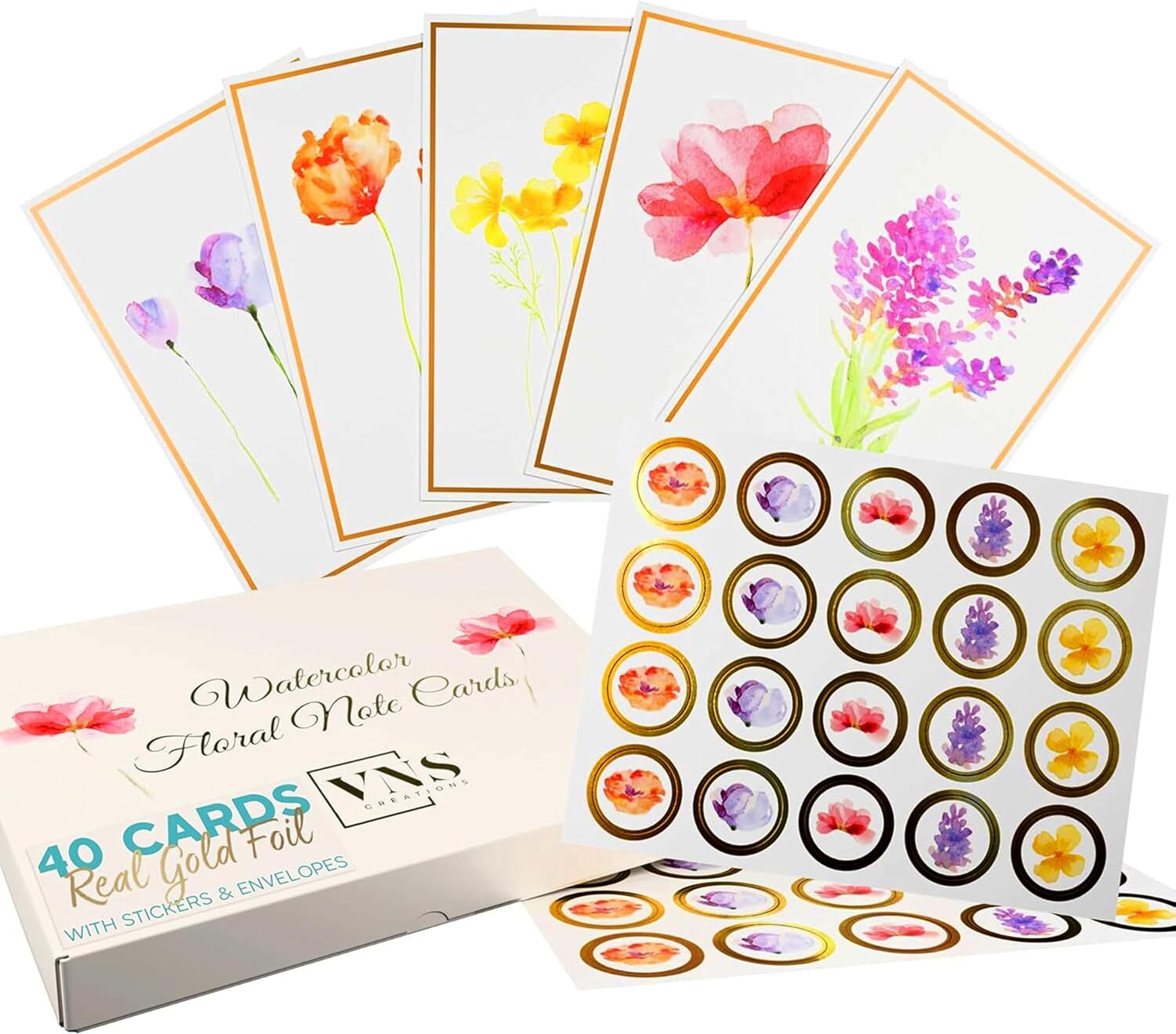 Watercolor Floral Note Cards 40 Pack - Vns Creations