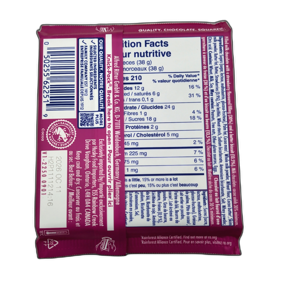 Ritter Sport Strawberry Yogurt Milk Chocolate, 100g — packaging back