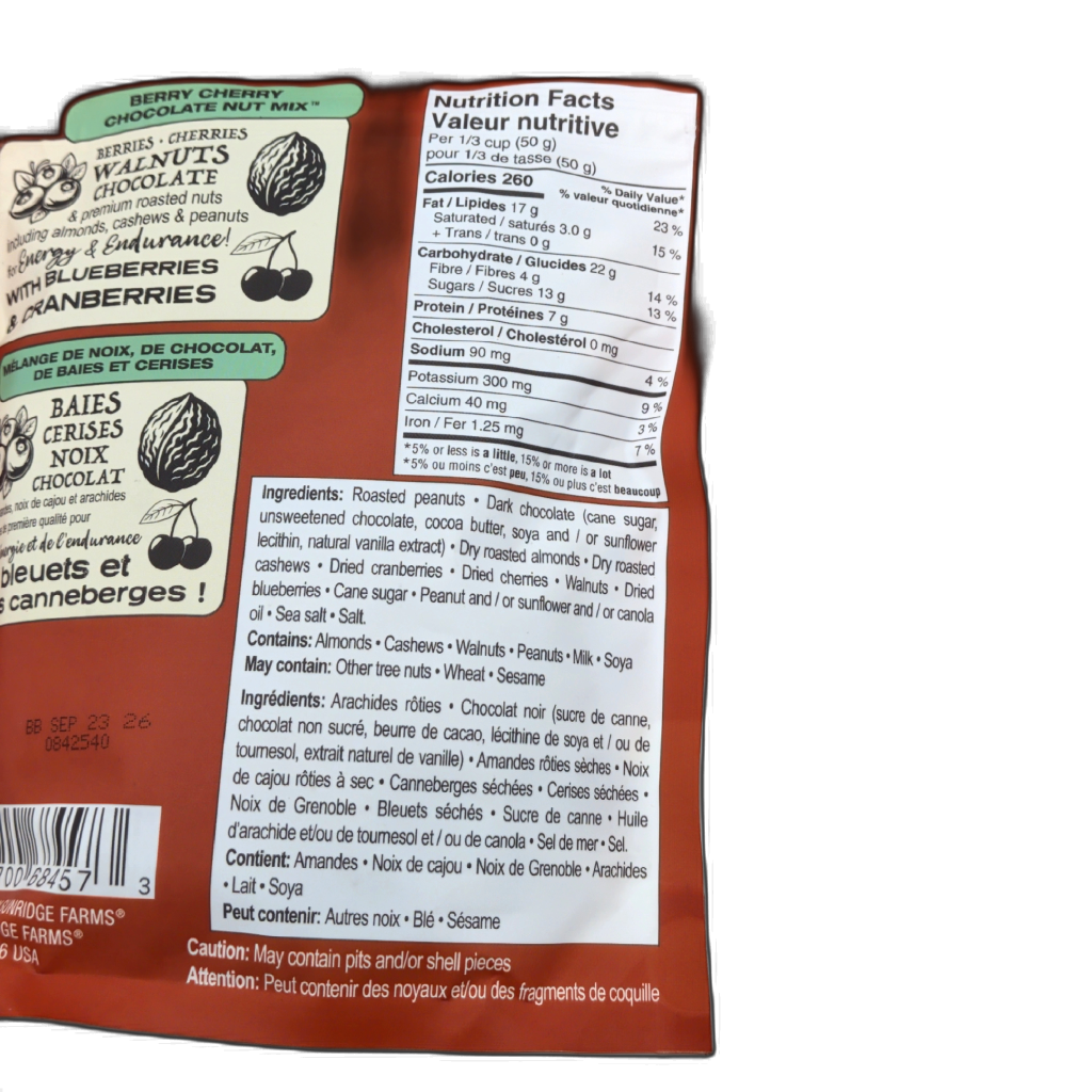 Sunridge Farms Berry Cherry Chocolate Nut Mix, packaging detail