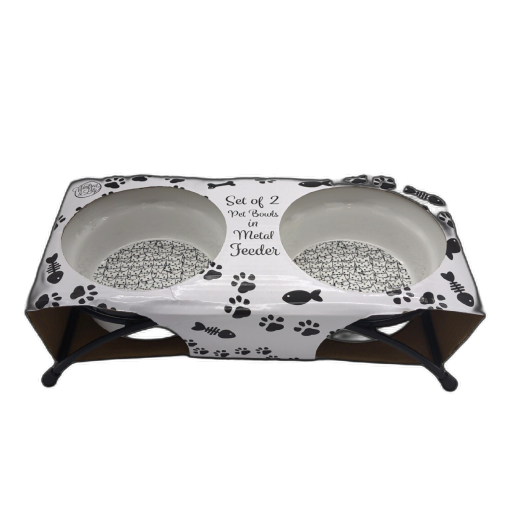 Set 2 Pet Bowls Metal Feeder Cat Faces