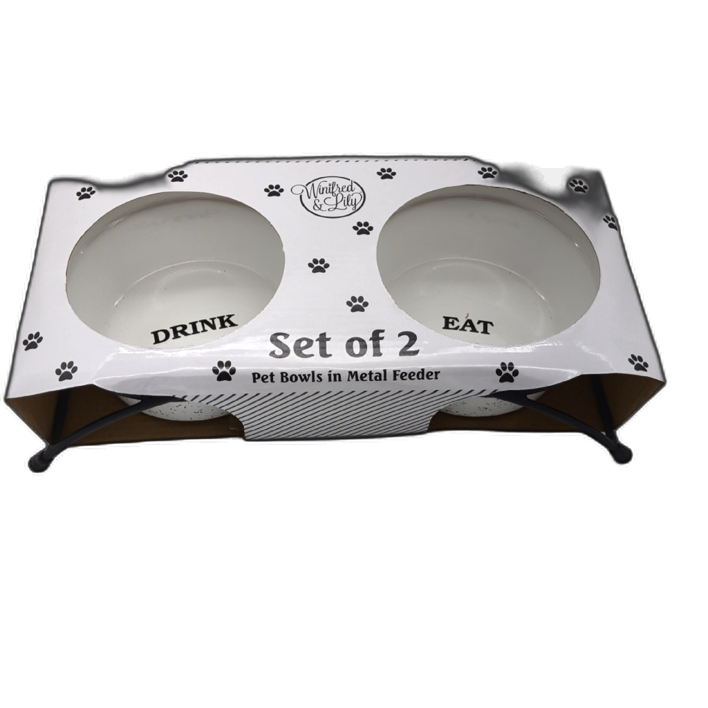 Set Of 2 Pet Bowls In Metal Feeder Large