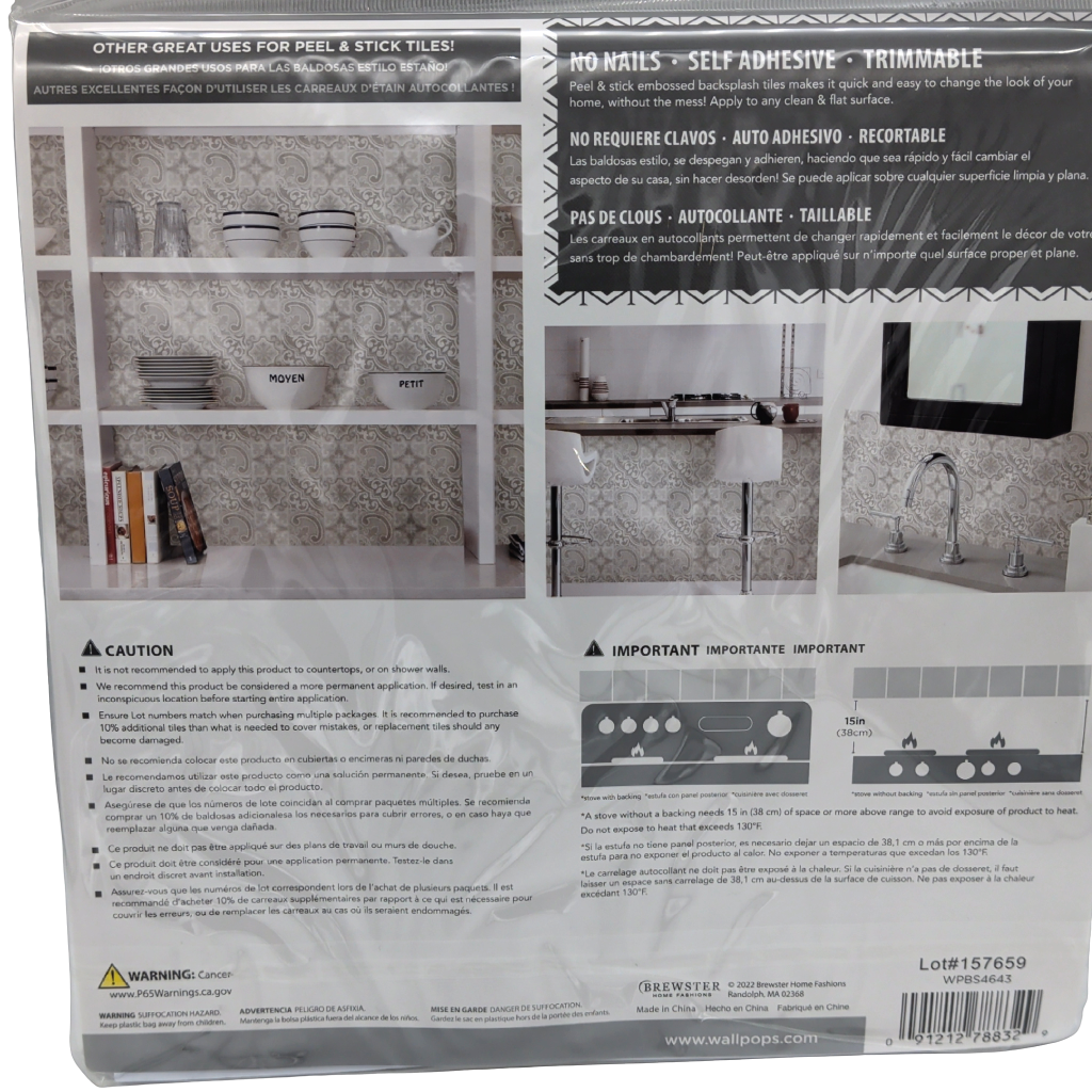 Peel & Stick Embossed Blacksplash Tiles Holly Cream 10" x 10" 4pk.