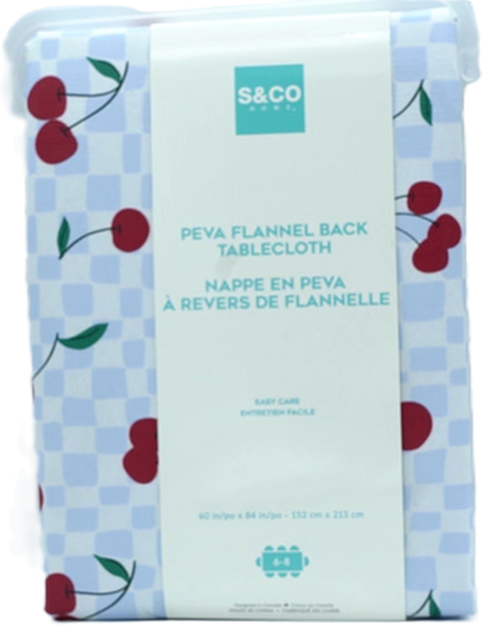 PEVA Flannel Tablecloth 60x84 Cherries Checkers Pattern