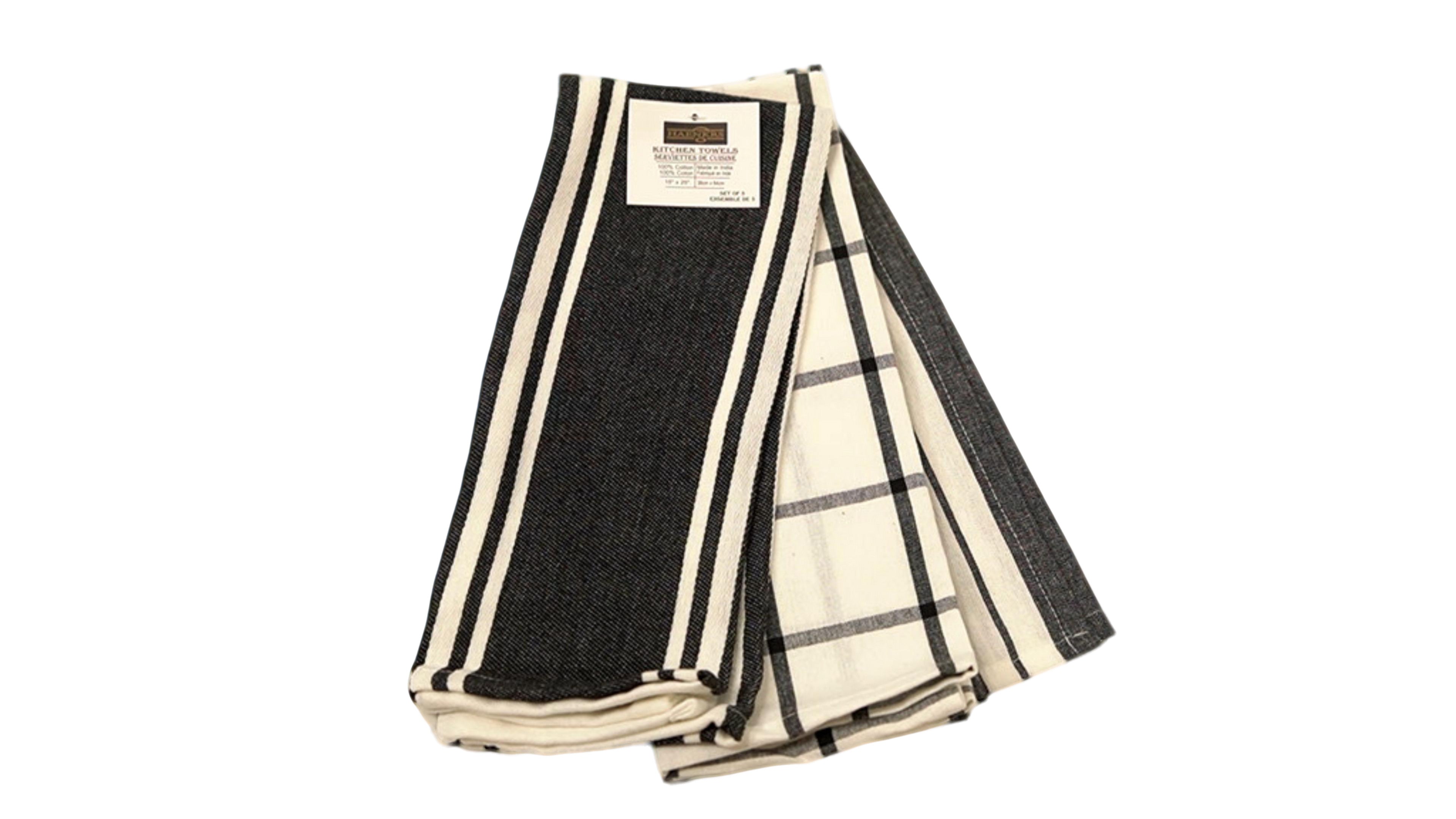 Black Check Stripe Cotton Kitchen Towels 3-Pack - Haenkrs