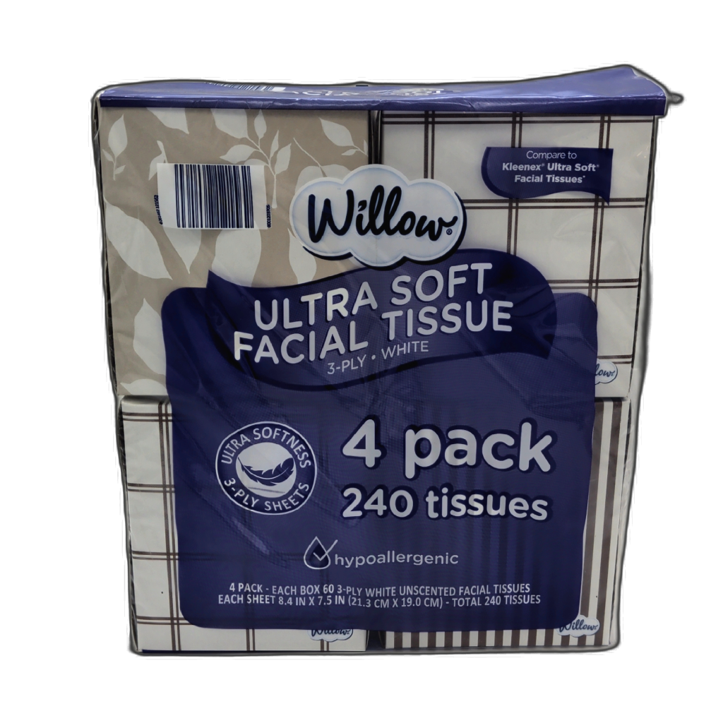 Willow Ultra Soft Facial Tissue 4-pack, 240 tissues, 3-ply