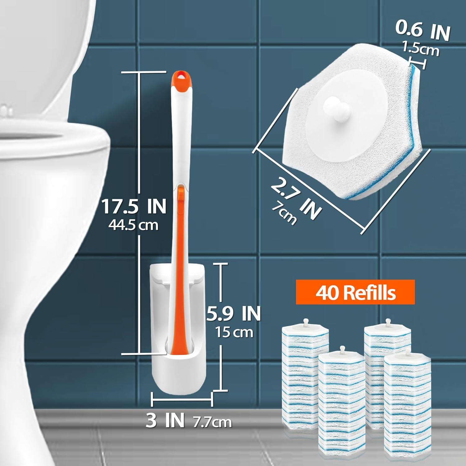 Jehonn Disposable Toilet Brush with 40 Refills & Caddy