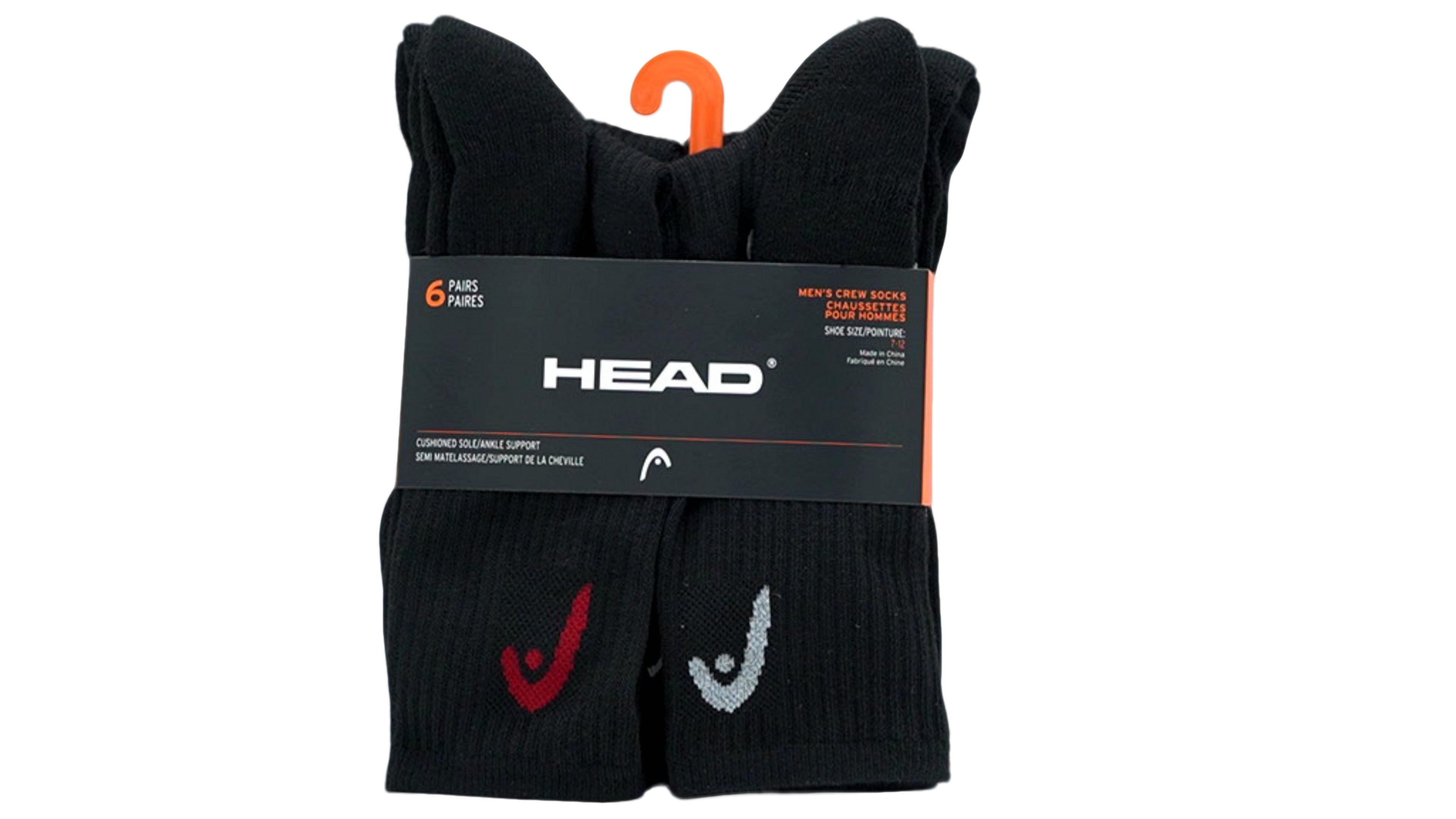 Men's Black Crew Socks 6-Pack Cushioned Sole Head