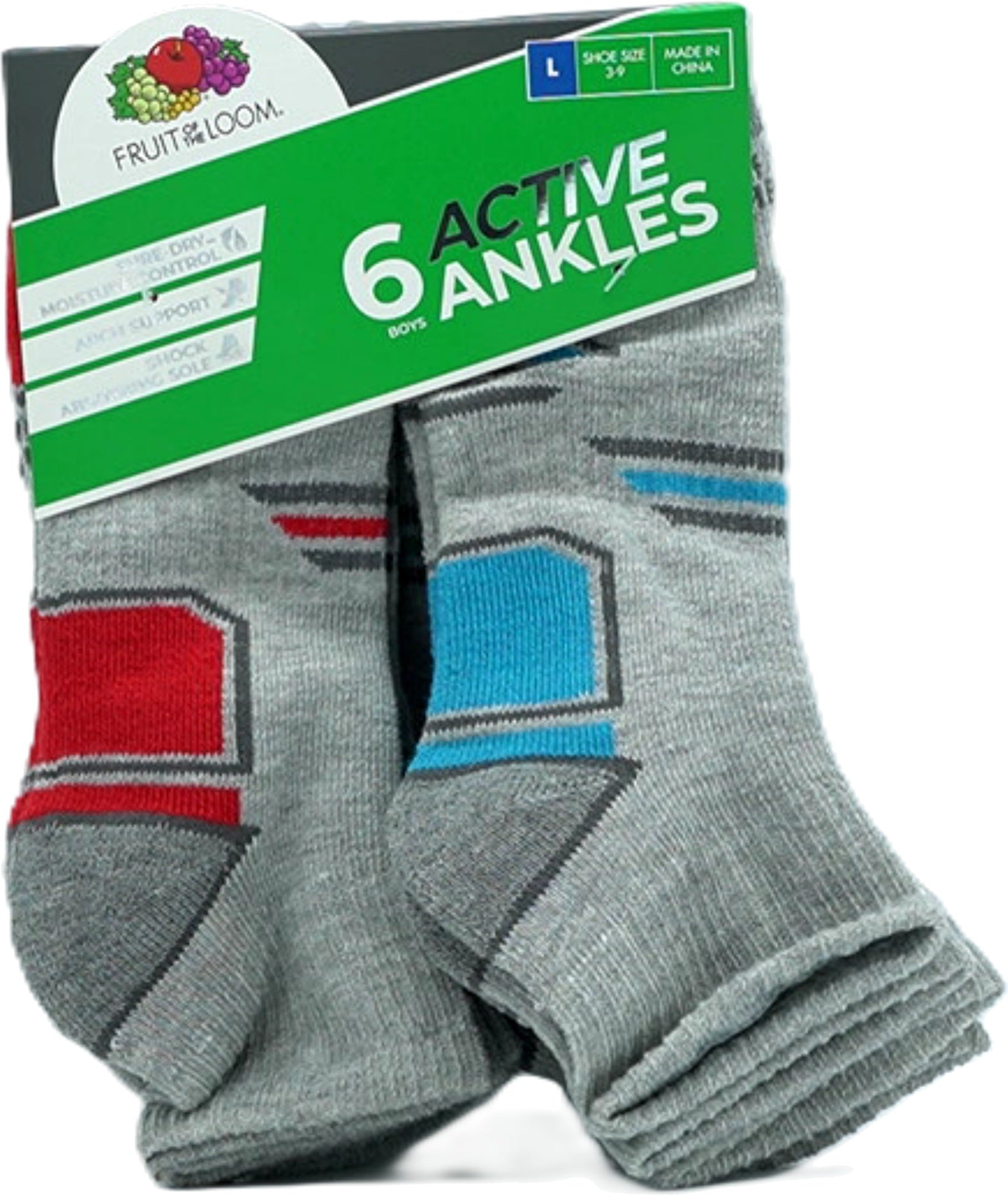 Fruit of the Loom Boys Grey Ankle Socks 6-Pack