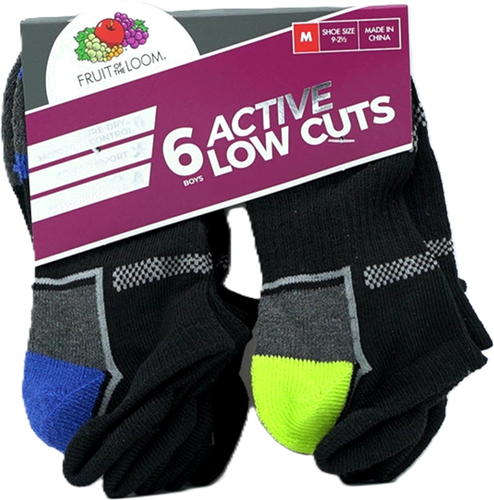 Fruit of the Loom Boys' 6-Pack Black Low Cut Socks