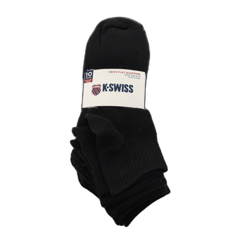 K-Swiss Mens Flat Quarter Socks 10-Pack Black Size 6-12