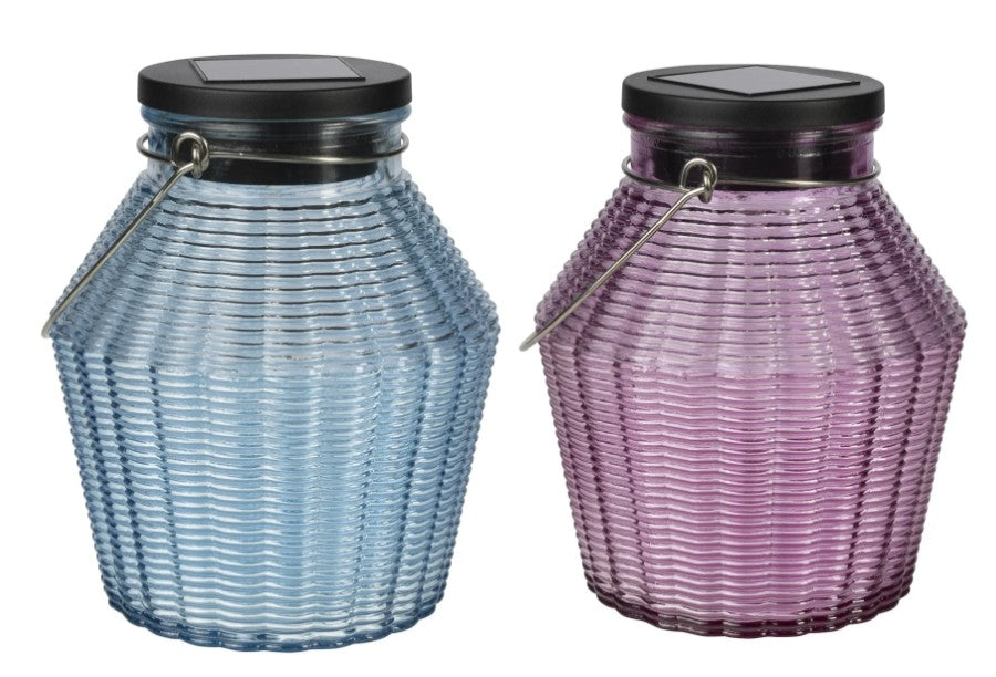 Moonrays Solar Light Glass Jar with blue and pink LED