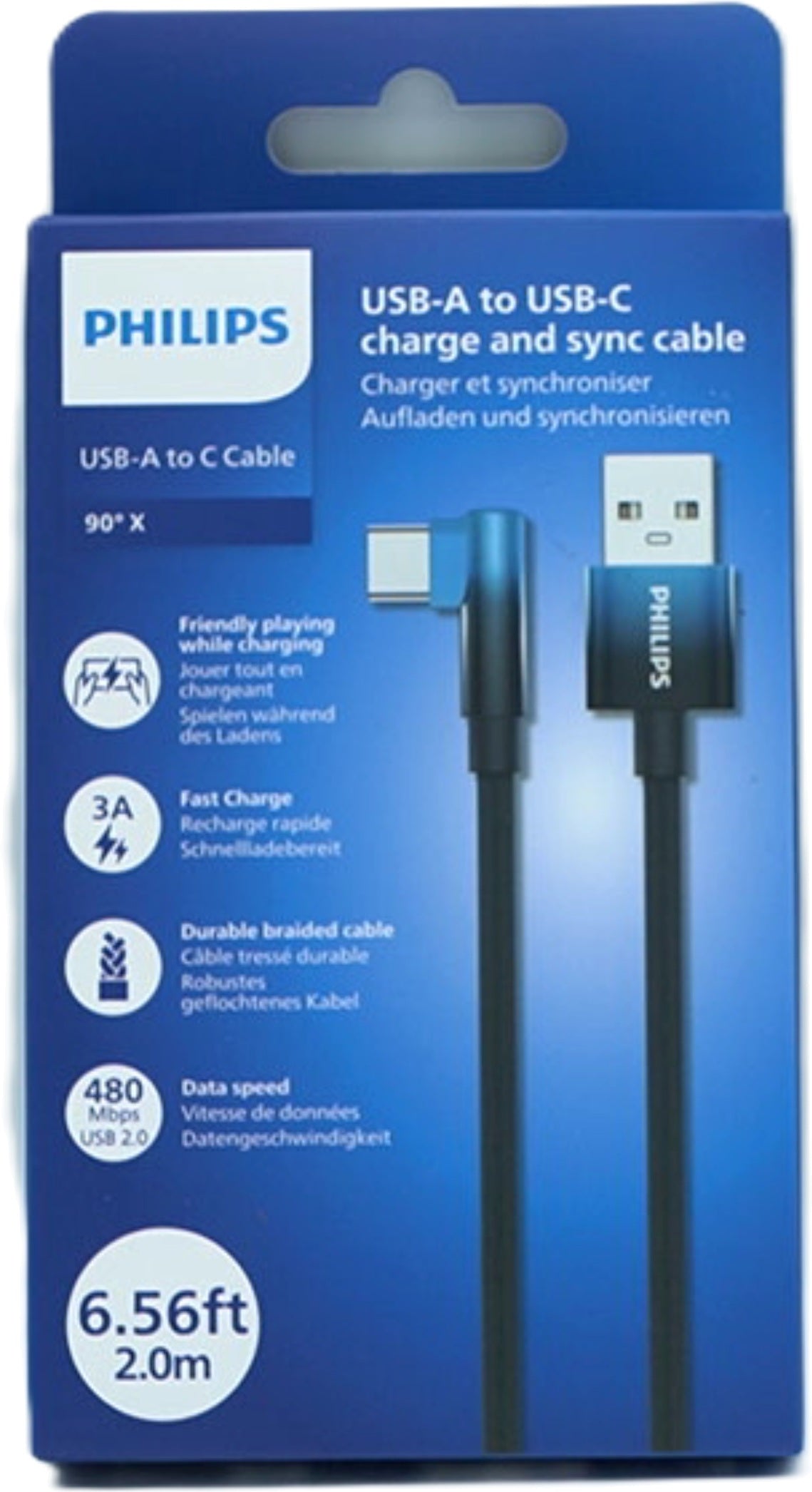 Philips USB-C Cable 6.5ft 90 Degree Braided Blue
