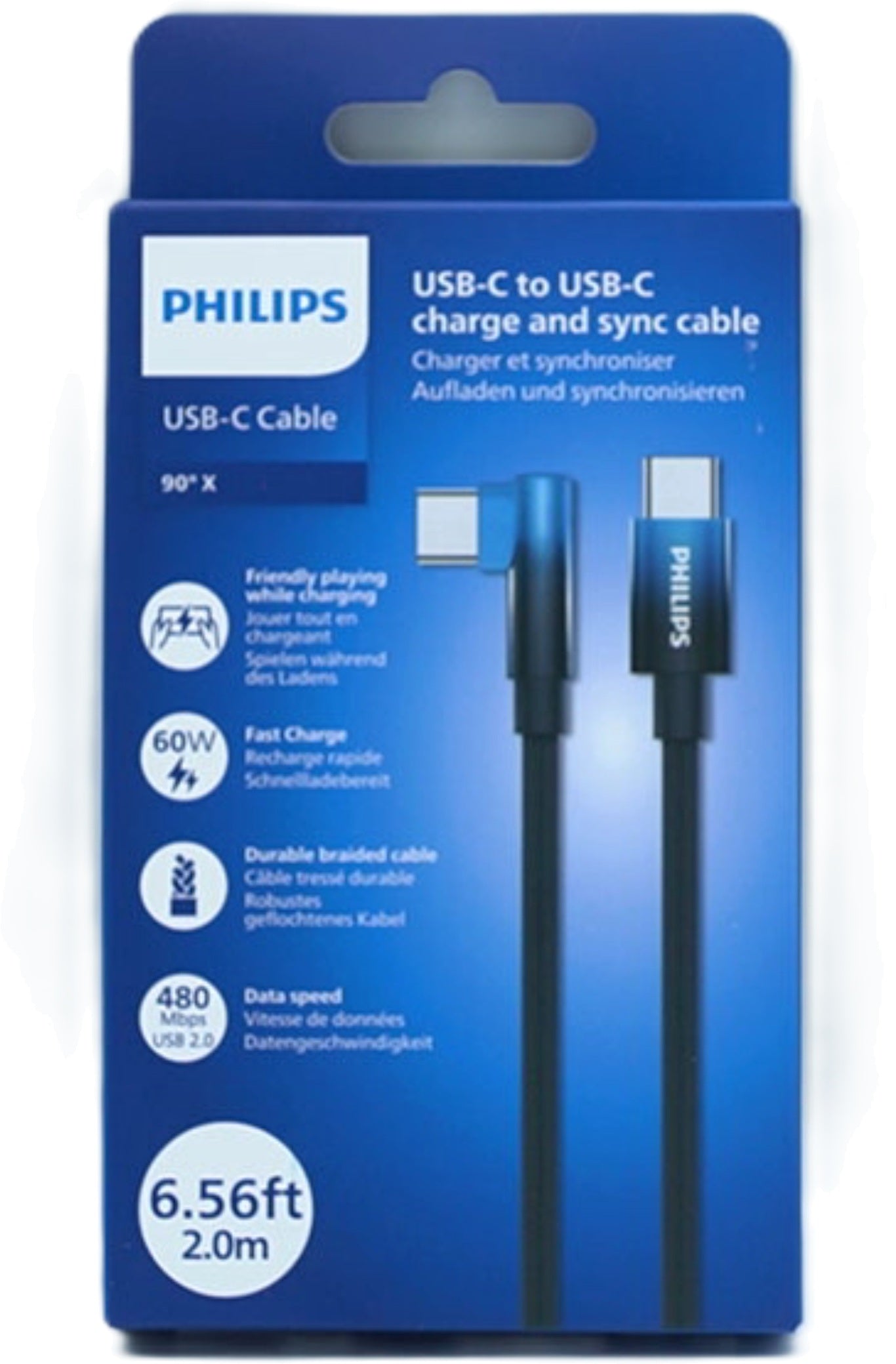 Philips USB C 6.5ft 90 Degree Blue Braided Cable