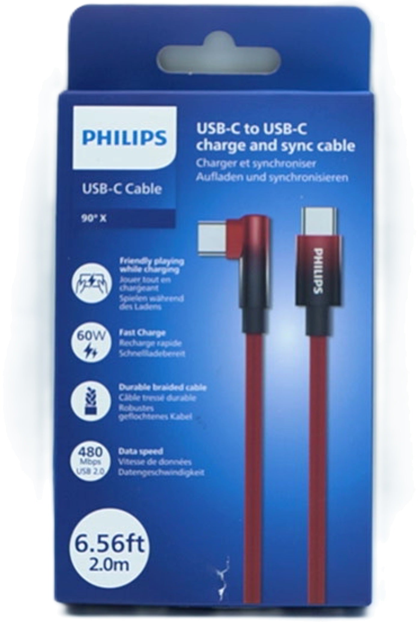 Philips USB C 6.5Ft 90 Degree Braided Cable Red