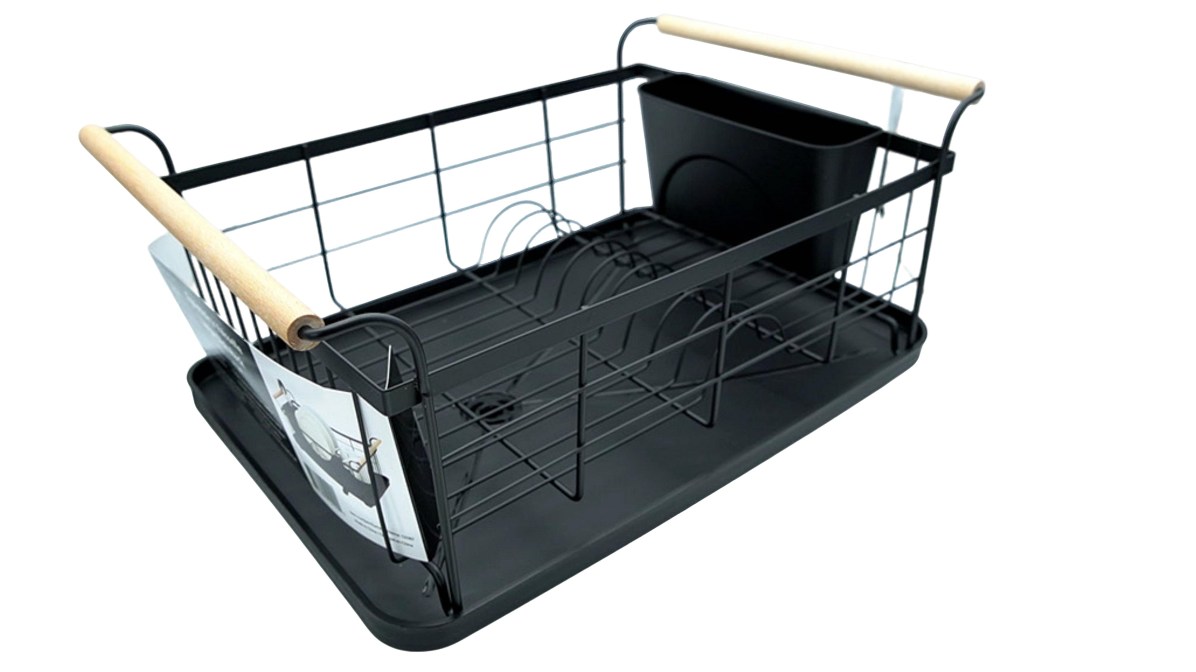 Black Dish Drying Rack with Wooden Handles