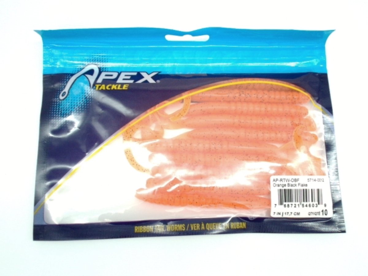Apex Tackle 7" Orange Black Flake Ribbon Tail Worms 10 - Pack - Brantford Surplus