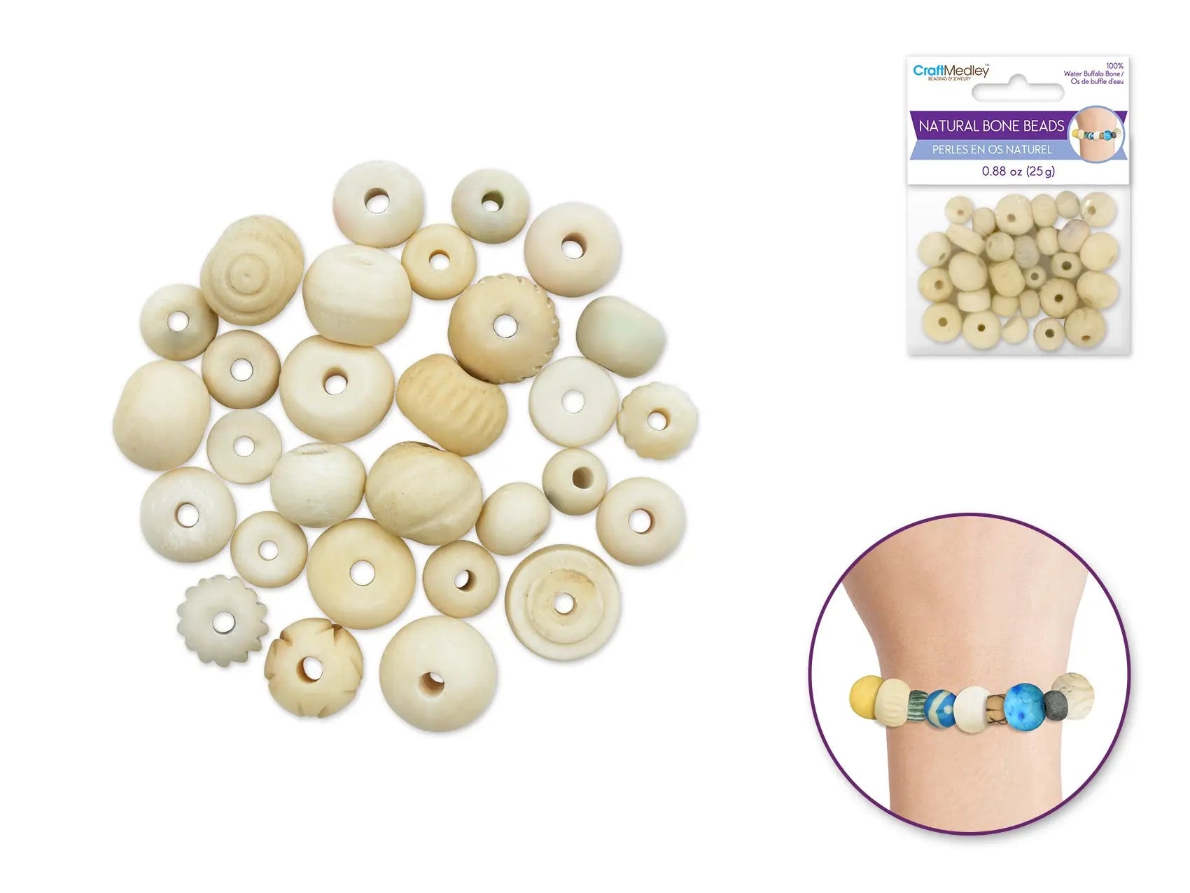 Bone Beads: A) Natural 6mm - 14mm 100% Bone 25grm - Brantford Surplus