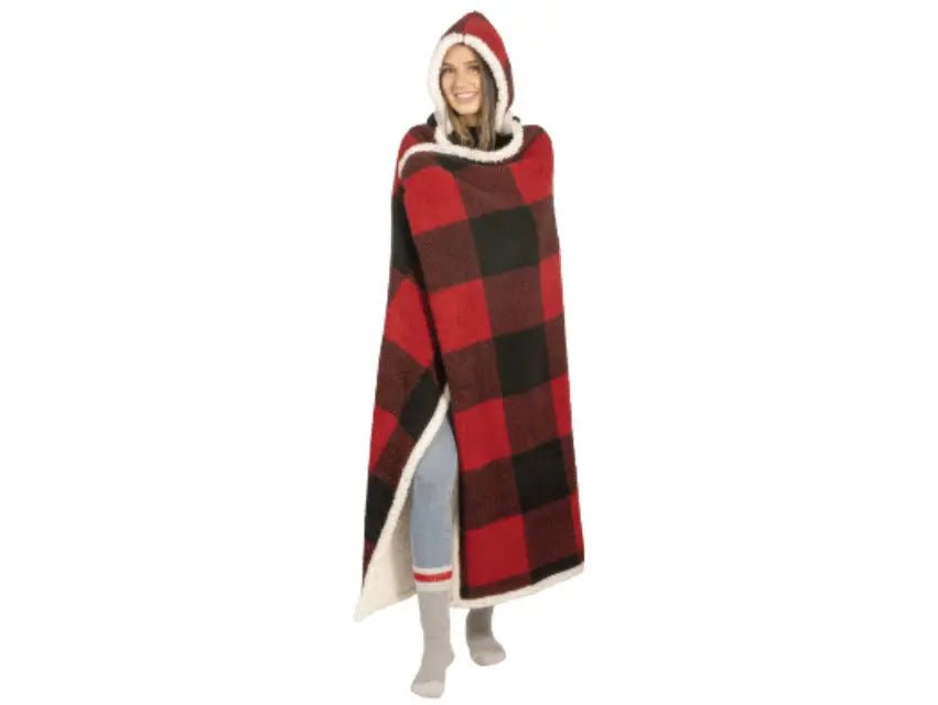 Buffalo Plaid Sherpa Throw Blanket - Reversible Hooded 48x65 - Brantford Surplus