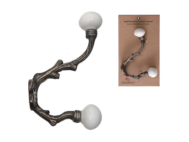 Ceramic Ivory Knob Brass French Hook 1.25x3.25x5.5 - Brantford Surplus