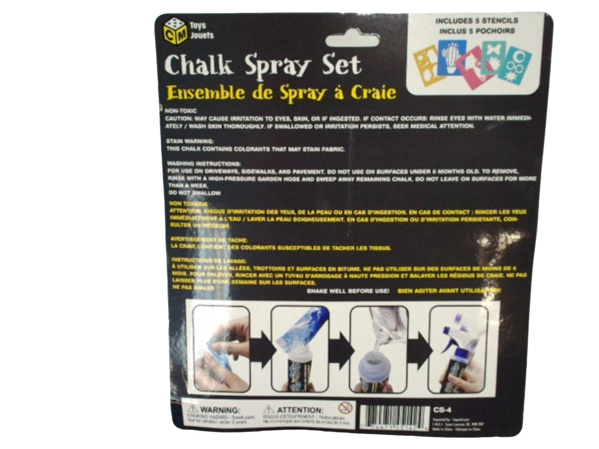 Chalk Spray Kit - Water - Activated, 4 Colors, 5 Stencils - Brantford Surplus