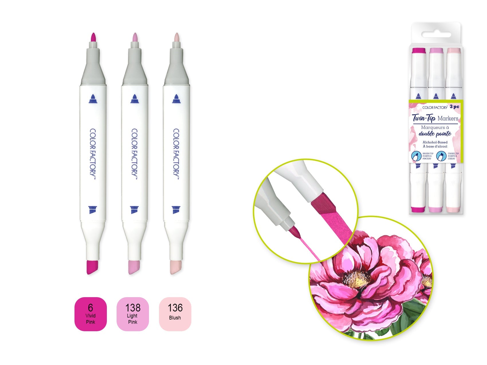 Color Factory: Alcohol Based Twin Markers Fine+Chisel Tips 3pk A) Blush - Brantford Surplus