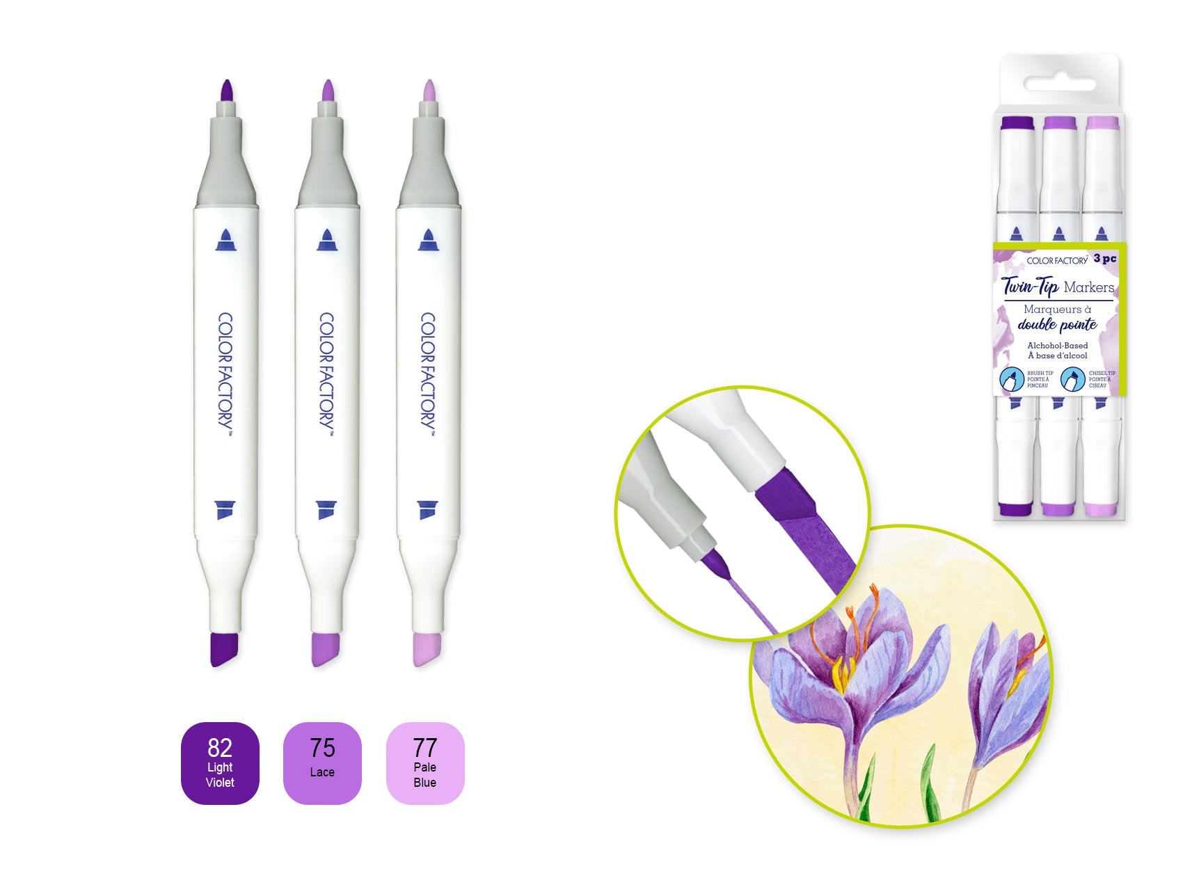 Color Factory: Alcohol Based Twin Markers Fine+Chisel Tips 3pk C) Viola - Brantford Surplus