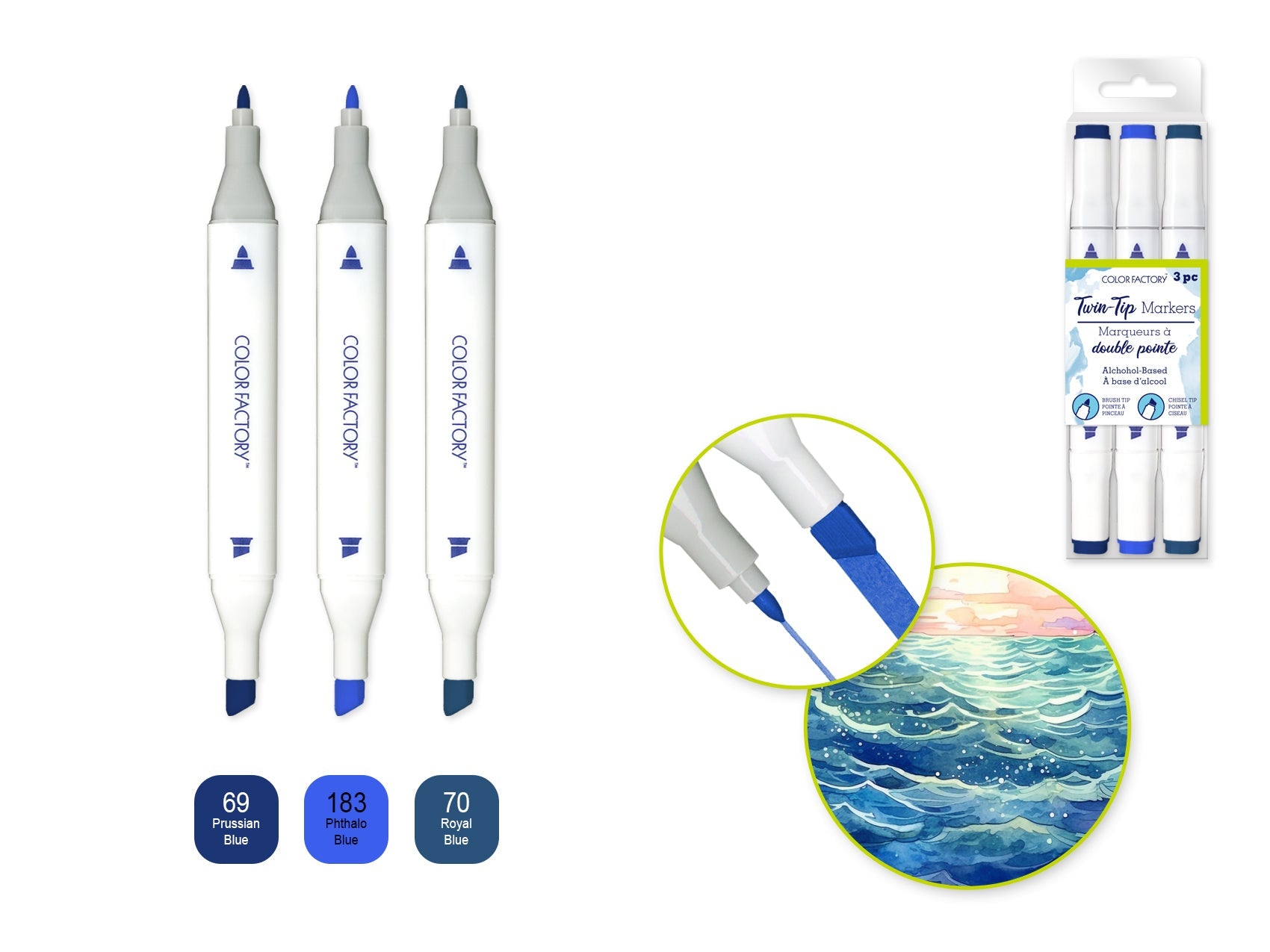 Color Factory: Alcohol Based Twin Markers Fine+Chisel Tips 3pk D) Denim - Brantford Surplus