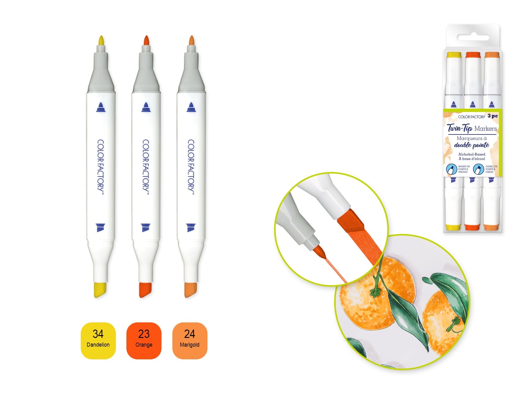 Color Factory: Alcohol Based Twin Markers Fine+Chisel Tips 3pk F) Tangerine - Brantford Surplus