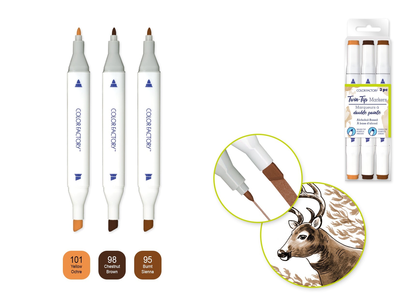 Color Factory: Alcohol Based Twin Markers Fine+Chisel Tips 3pk G) Earth - Brantford Surplus