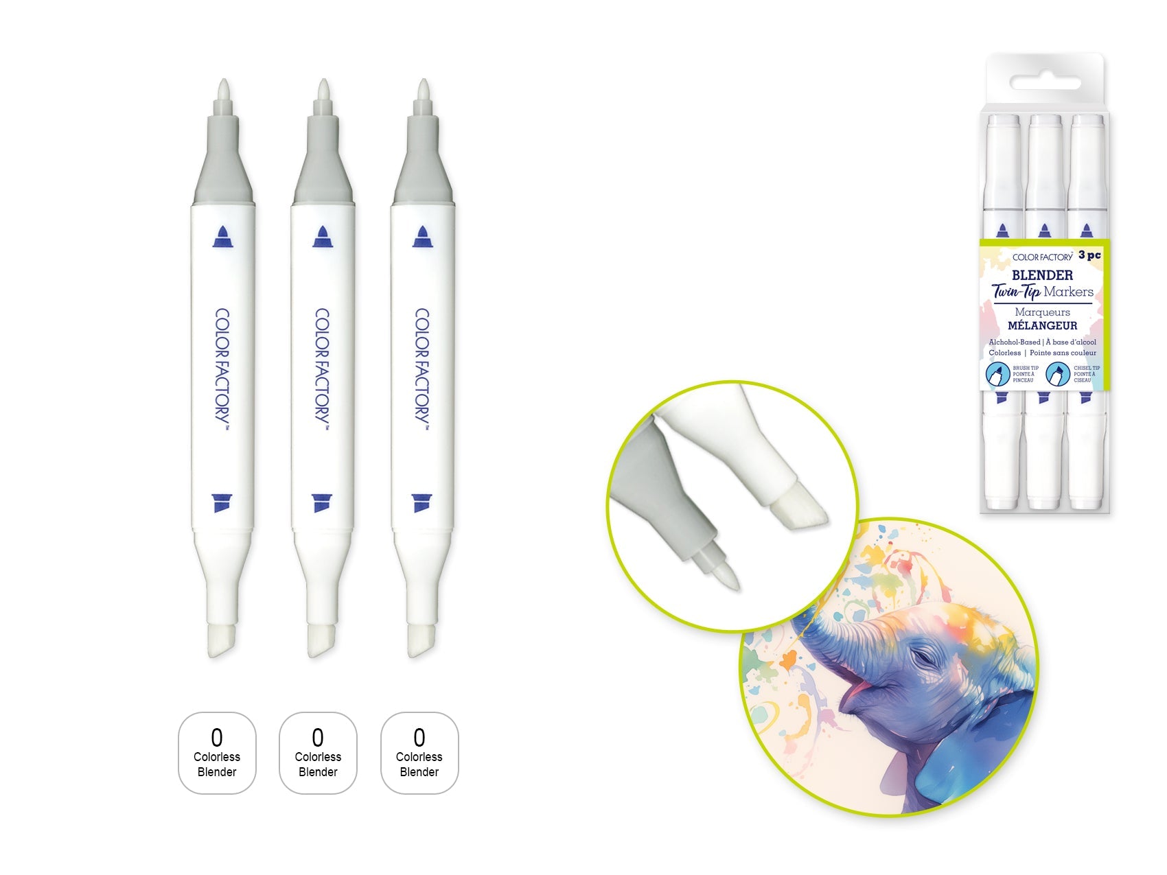 Color Factory: Alcohol Based Twin Markers Fine+Chisel Tips 3pk H) Clear Blender - Brantford Surplus