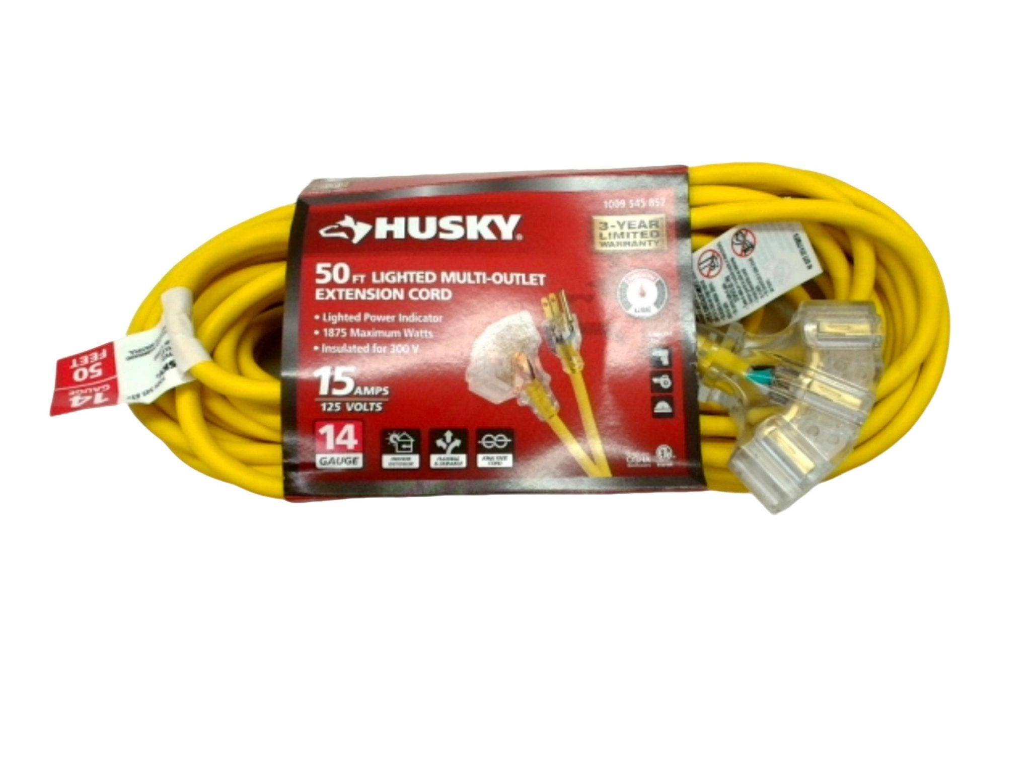 Extension Cord 50' Lighted 3 Outlet 14/3 Indoor/Outdoor Husky - Brantford Surplus