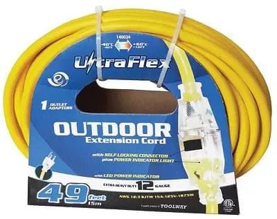 Extension Cord SJTW 12/3 50 ft 1 locking outlet lighted - Brantford Surplus