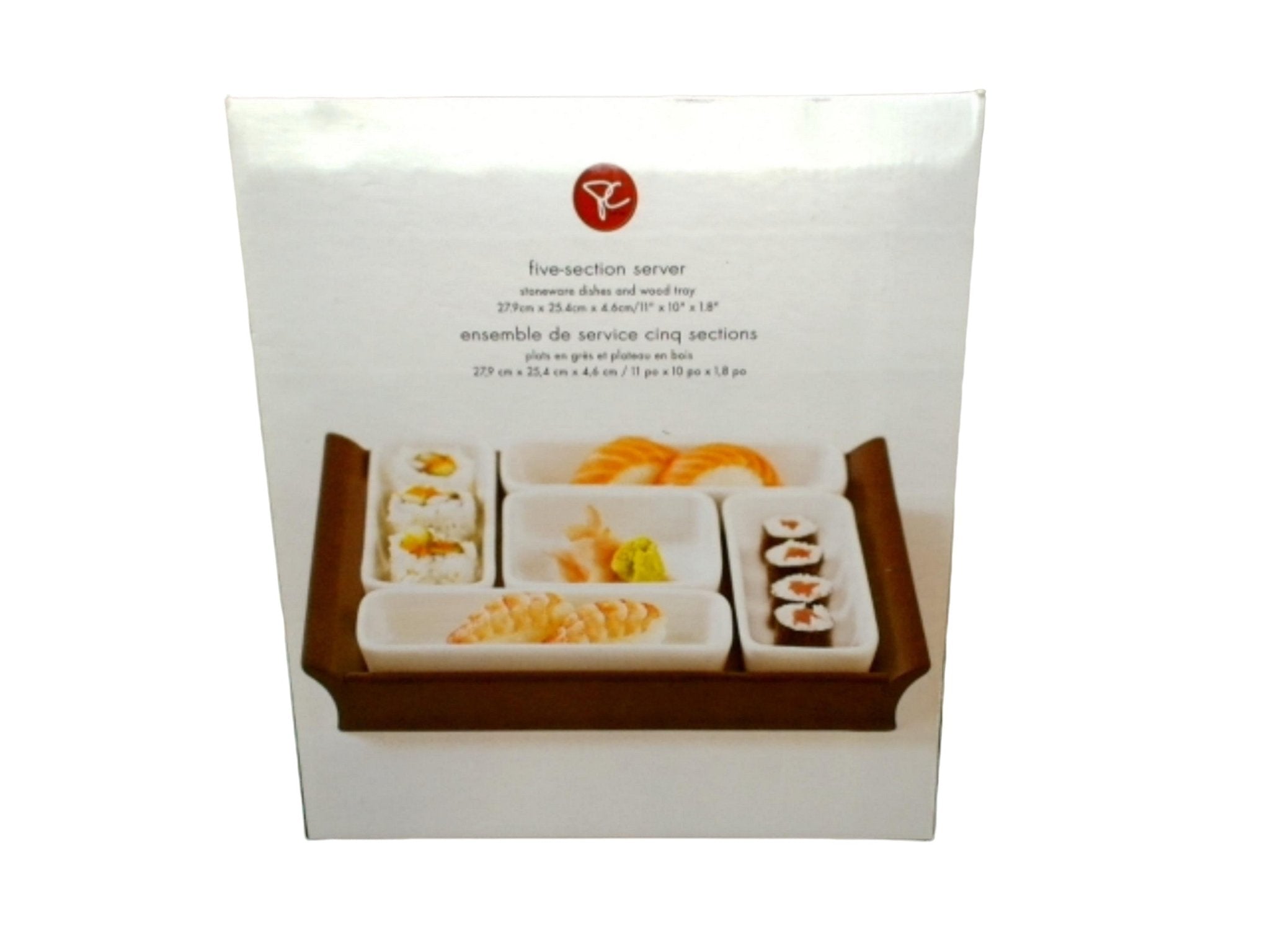 Five Section Server Stoneware Dishes & Wood Tray 11" X 10" X 1.8" - Brantford Surplus