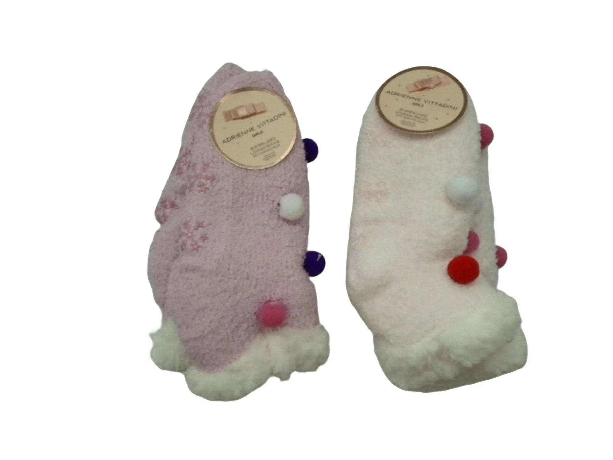 Girls Lounge Socks Sherpa Lined Non Skid W/poms Adrienne Vittadini - Brantford Surplus