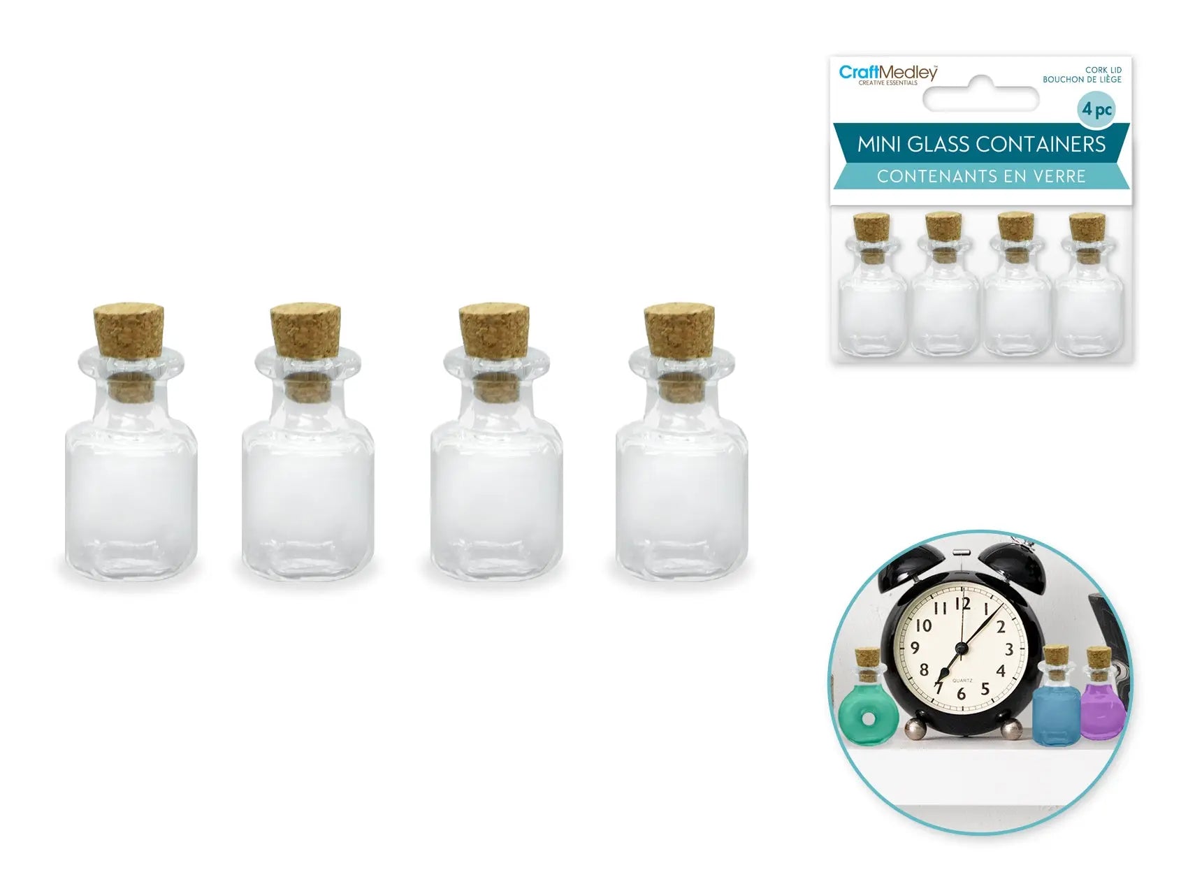 Glass Bottles: 1" Mini Containers w/Cork Lid 4pc Designer Series B) Potion - Brantford Surplus