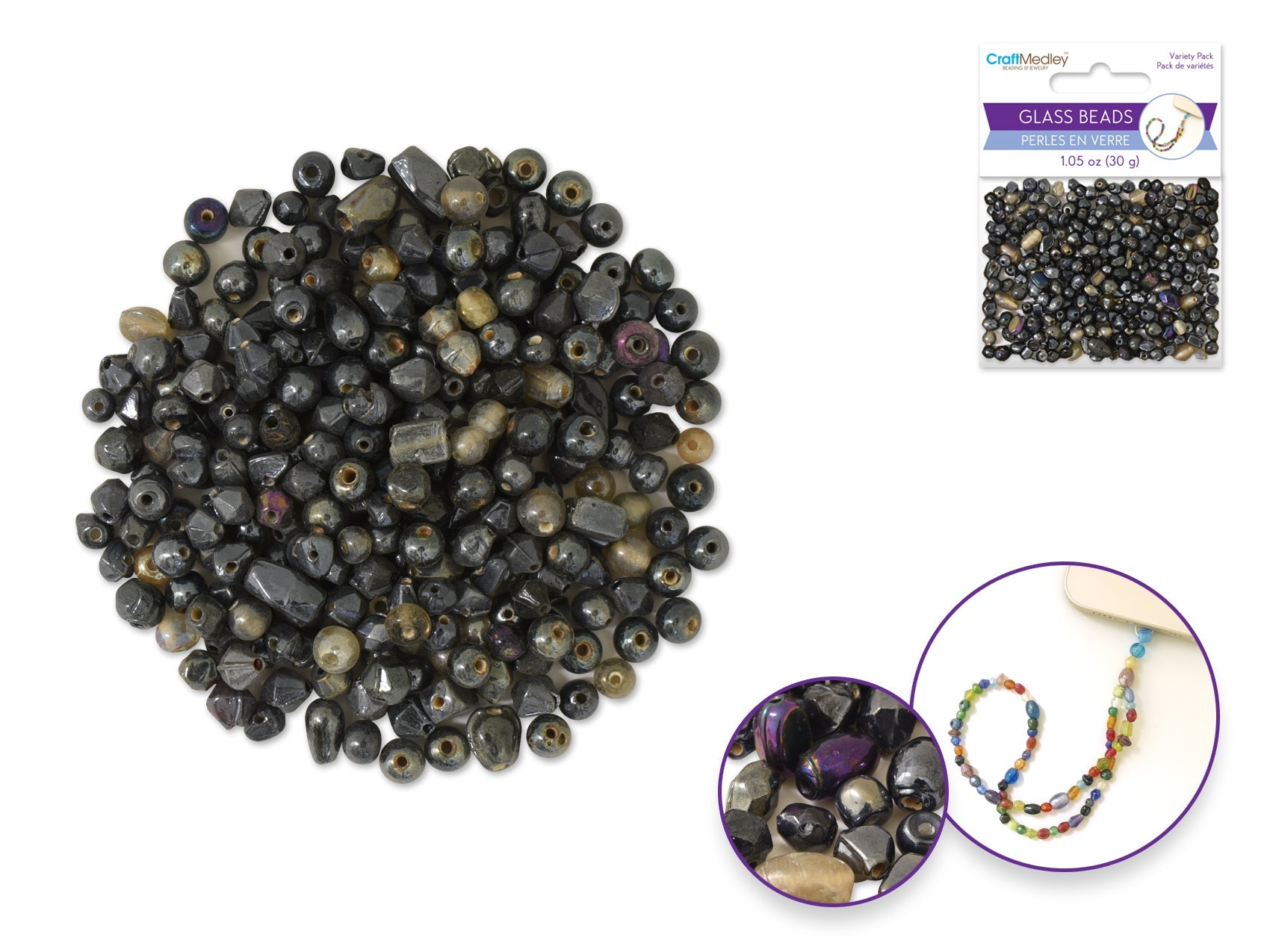 Graphite 4 - 6mm Polished Glass Beads - Mixed Luster 30g - Brantford Surplus