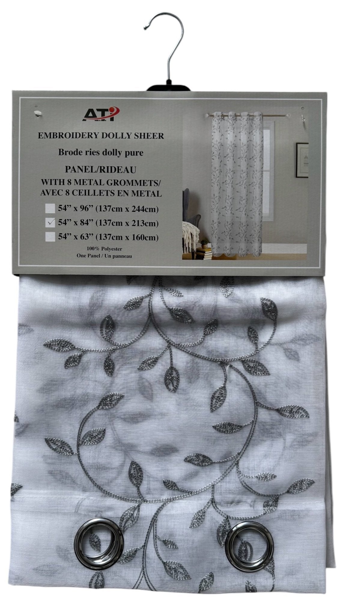 Light Filtering Sheer Grey Leaf Curtains 54x84 Inches - Brantford Surplus