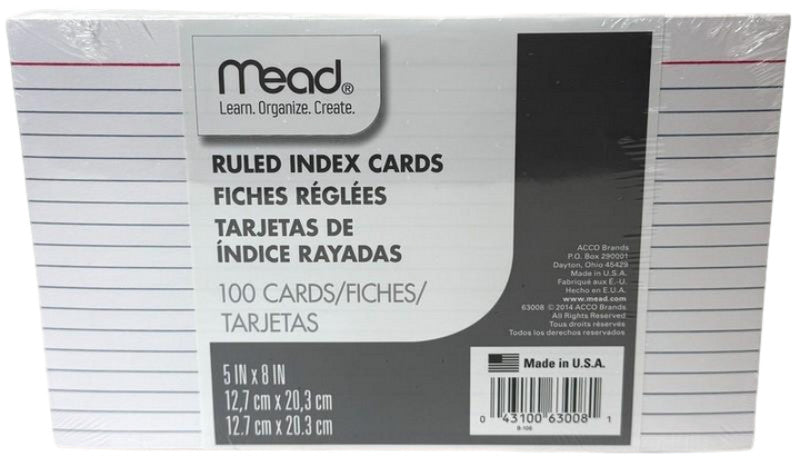 Mead Ruled Index Cards 5x8 - 100 Pack - Brantford Surplus