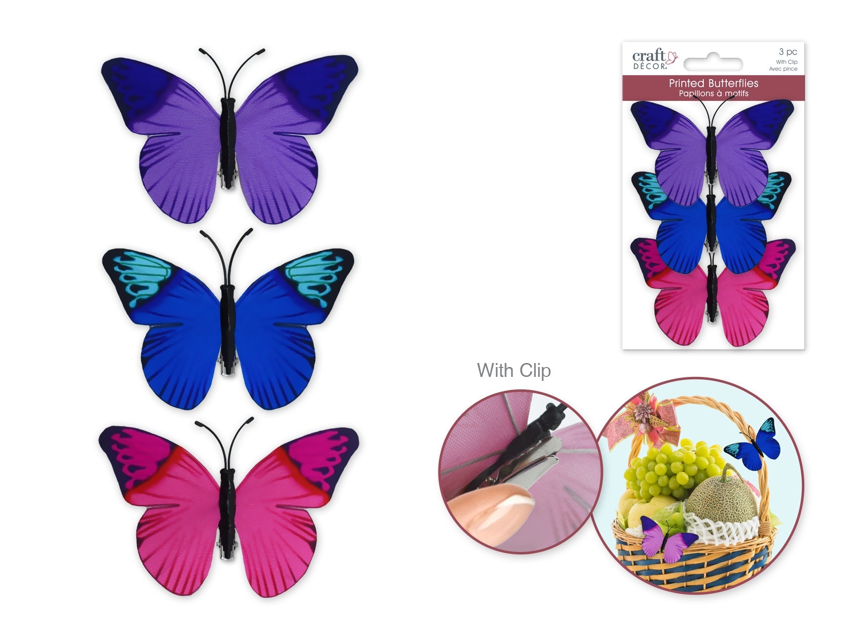 Printed Butterfly Hair Clips - 3 - Pack Gator Clips - Brantford Surplus