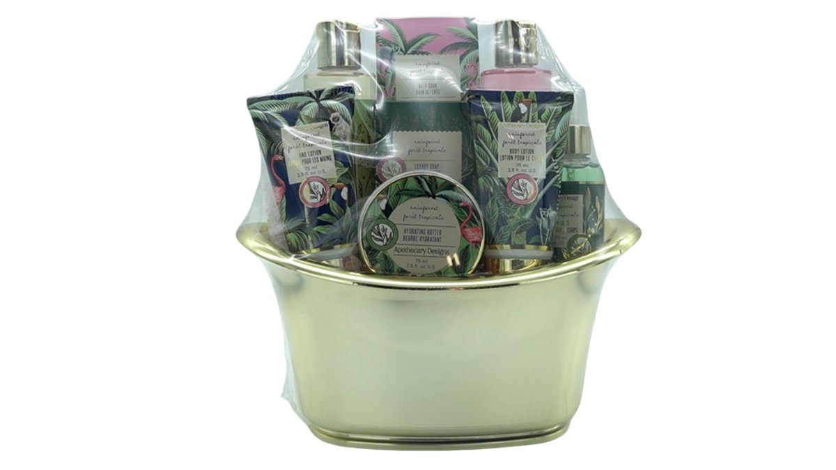 Rainforest Apothecary 9pc Bath Gift Set in Gold Basket - Brantford Surplus