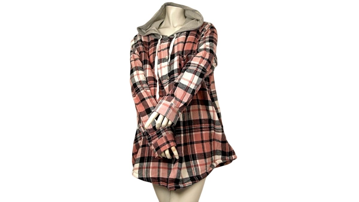 Women's Sherpa Hooded Plaid Shirt - Orange Kiss Pink - Brantford Surplus