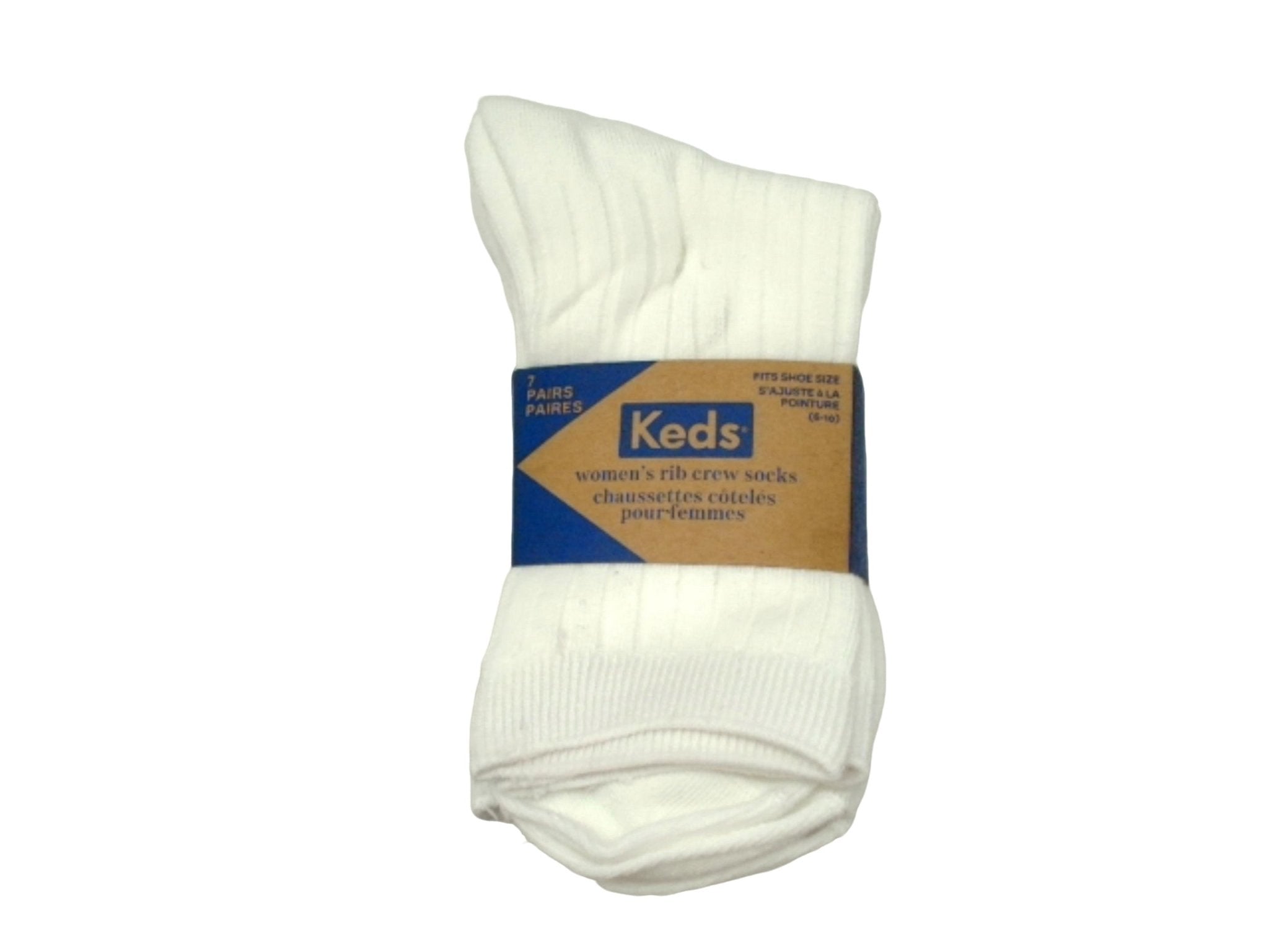 Women's White Crew Socks 7pk - Keds Rib Design - Brantford Surplus