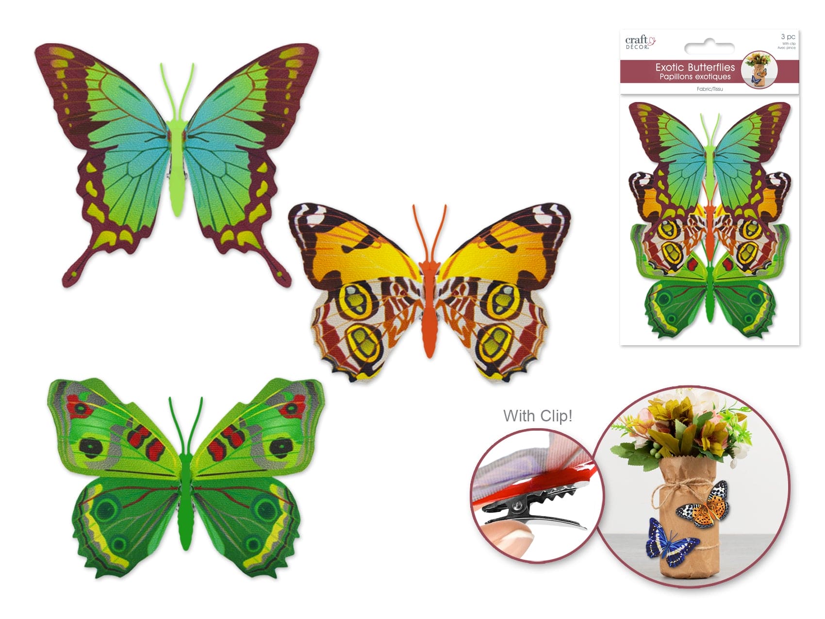 11cmx8cm Patterned Butterflies x3 w/Clip A) Green - Brantford Surplus